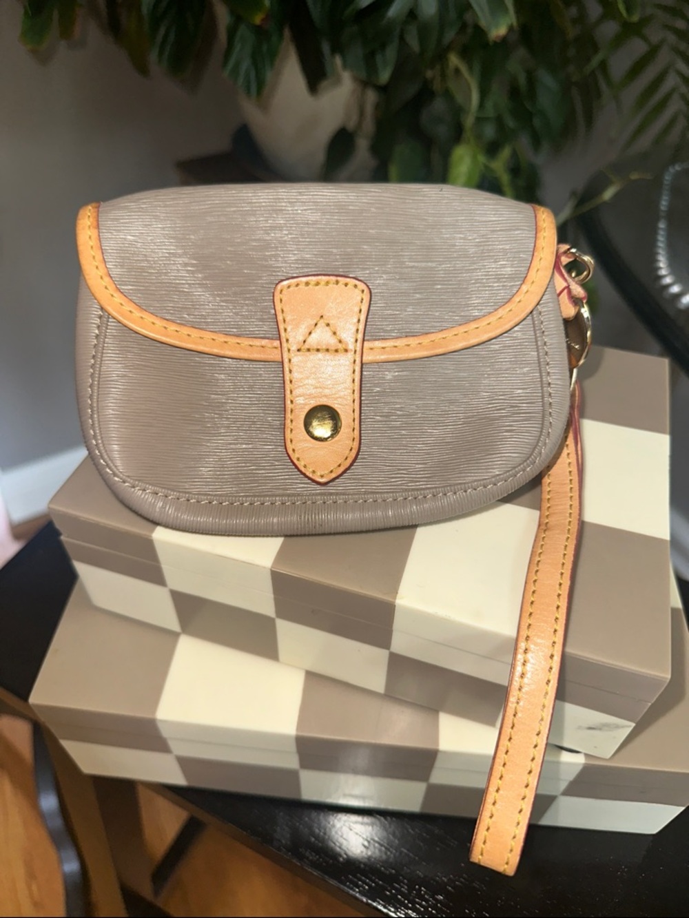 Dooney & Bourke Taupe Wristlet with Tan Trim and Gold Hardware